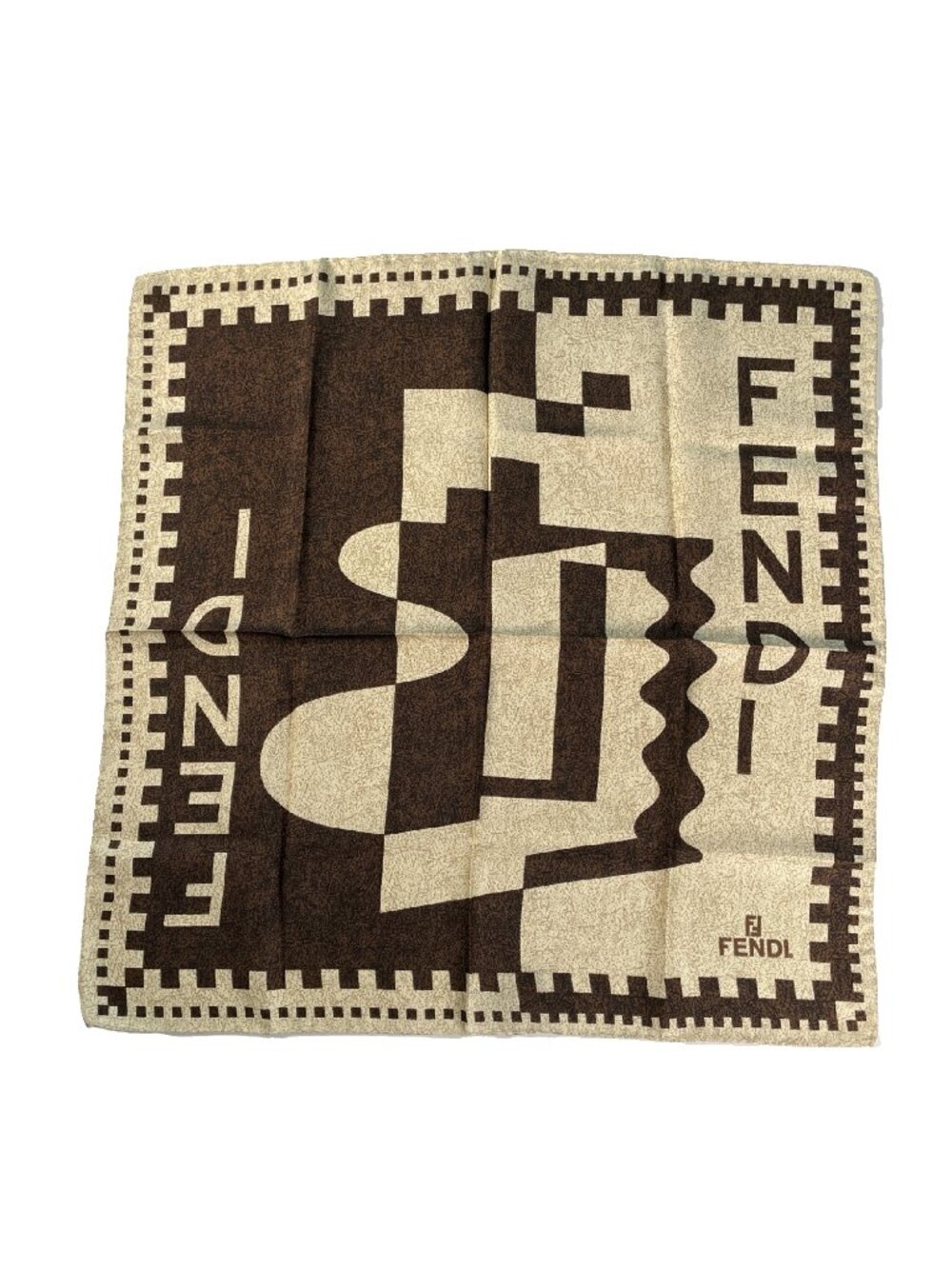 Fendi Silk Scarf 19” Italy Brown Cream FF Logo Foulard Rolled Hem